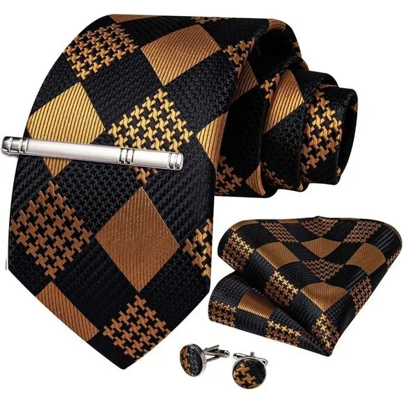 🆕Men Gold Plaid Silk Checkered Necktie Pocket Square Cufflinks Tie Clip Set